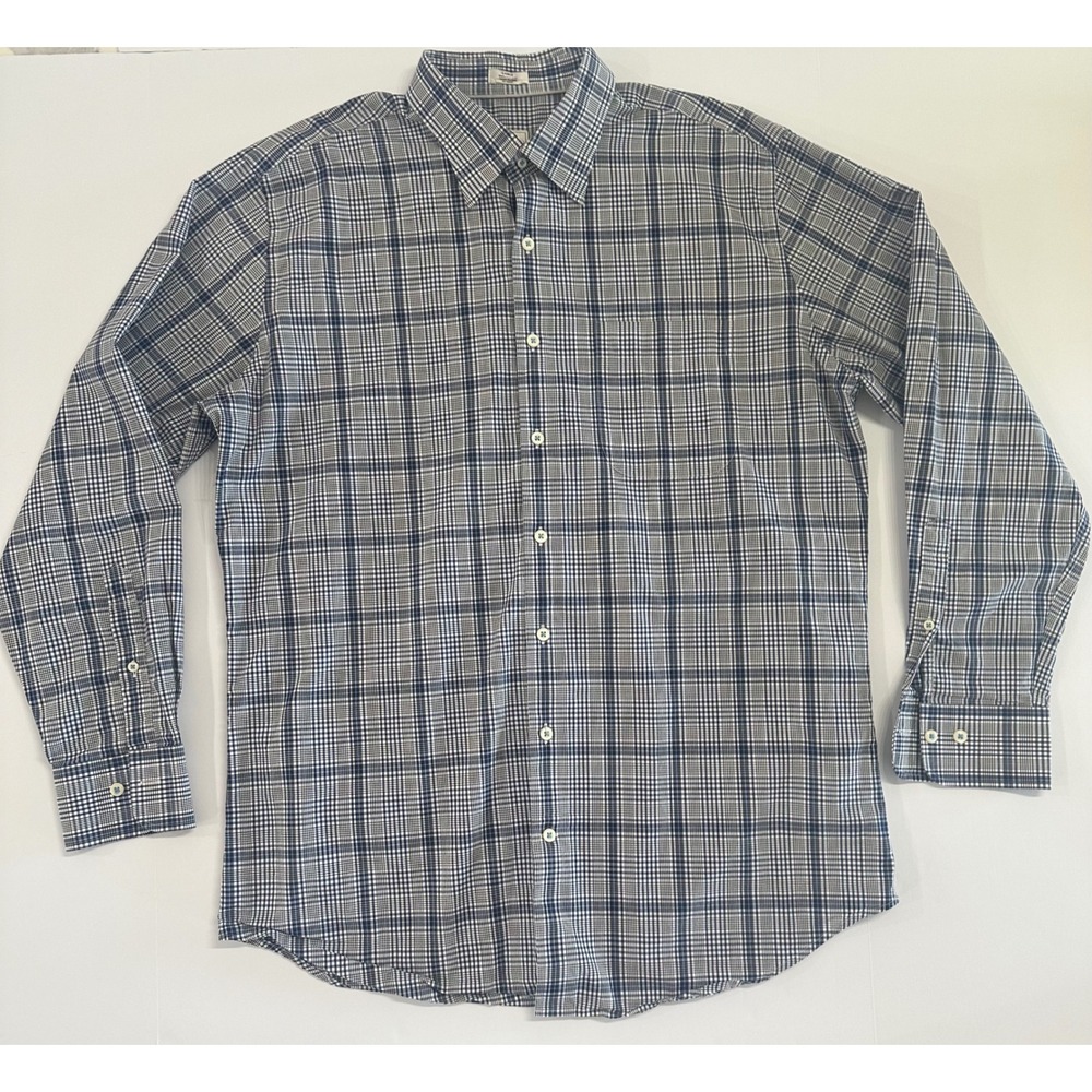 Peter Millar Mens Large Blue White Plaid Cotton Long Sleeve Button Down Shirt
